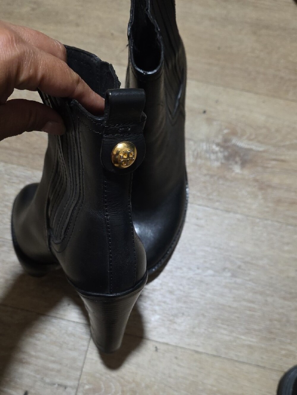Tory Burch Black High Heel Chelsea Ankle Boots with Gold Button Detail